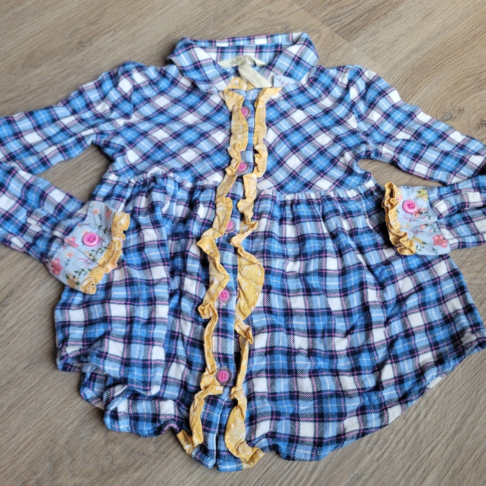 Matilda Jane‎ Girls Babydoll Top Size 6 Blue Plaid Floral Ruffle Boho Casual